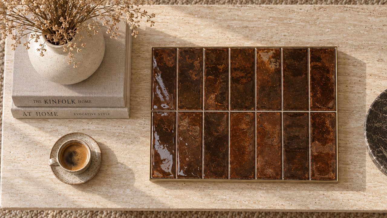 Bovenaanzicht van een tegelplateau met chocoladebruine tegels